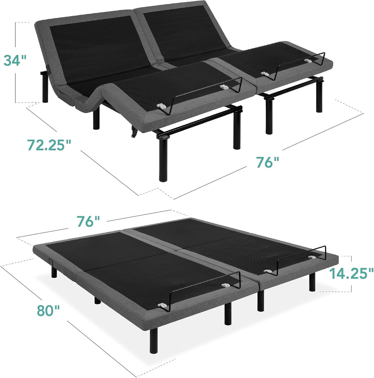 Top and side views of split base with dimensional callouts including 80" length and 14.25" height