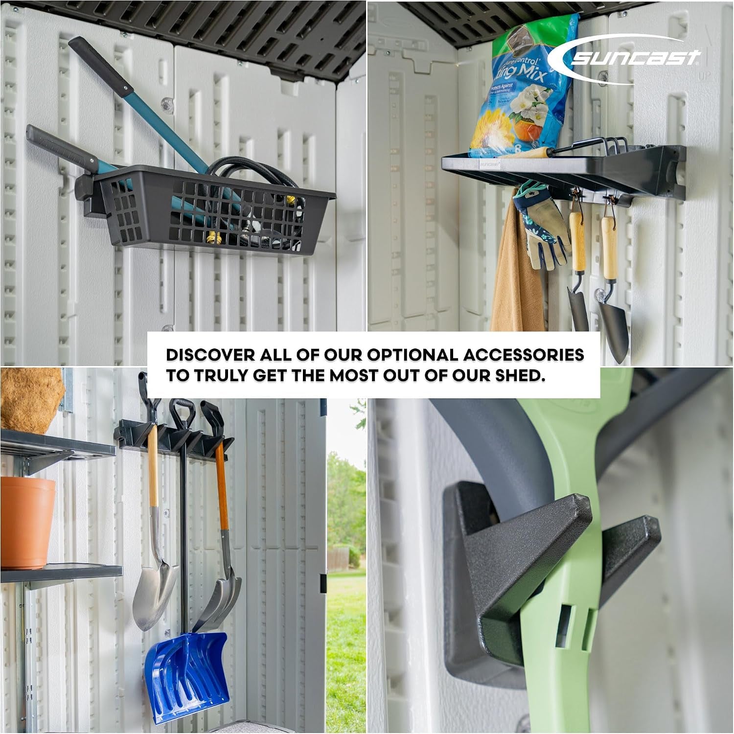 Interior collage showing optional storage accessories: hanging basket, shelf with hooks, tool hooks and shovel holders on the