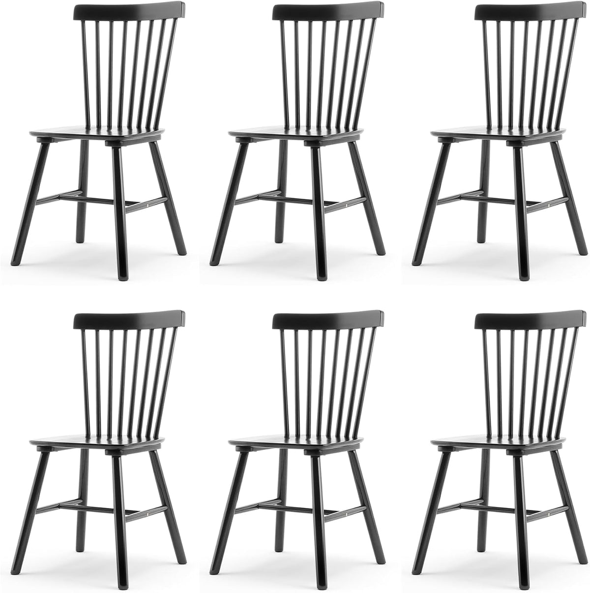 Six identical black spindle-back wooden chairs shown on a white background in two rows.