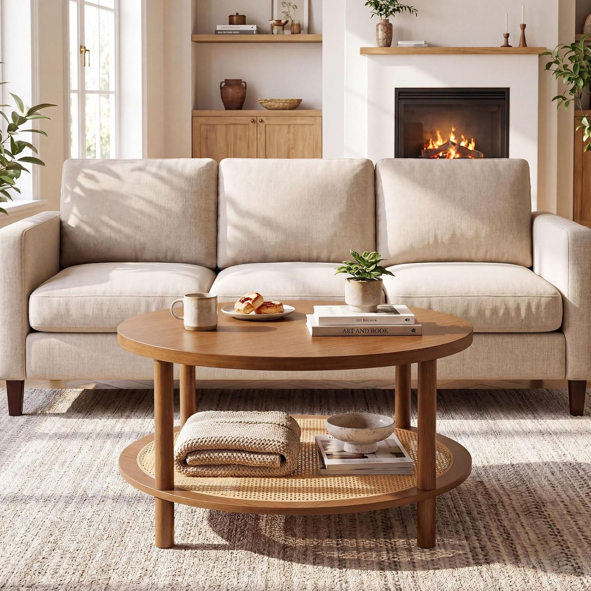 Front view of round brown coffee table with folded throw and bowl on lower rattan shelf