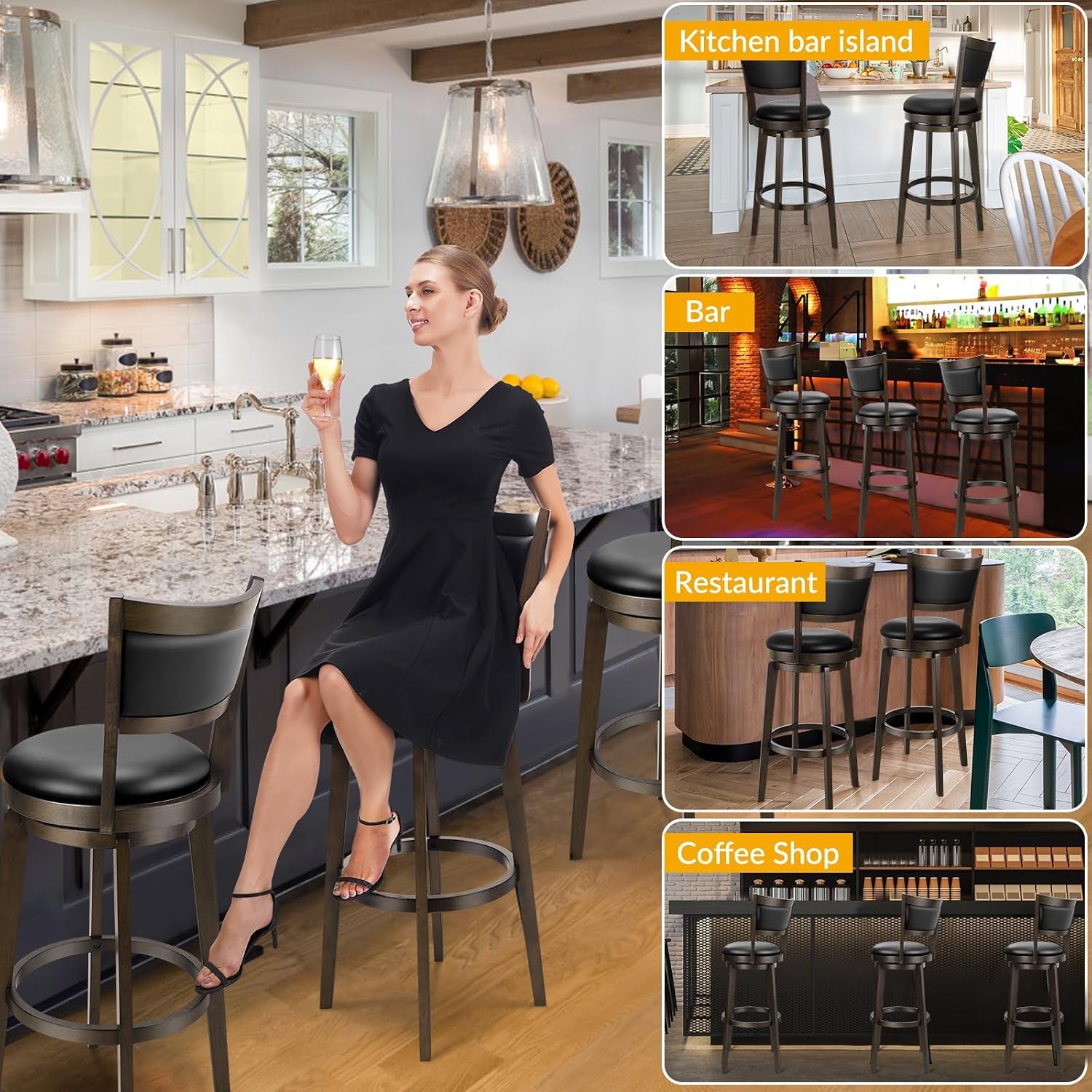 PrimeZone Swivel Bar Stools Set of 2, 30 Inch Bar Height Barstools | Black Faux Leather, High Backrest, gallery view 9