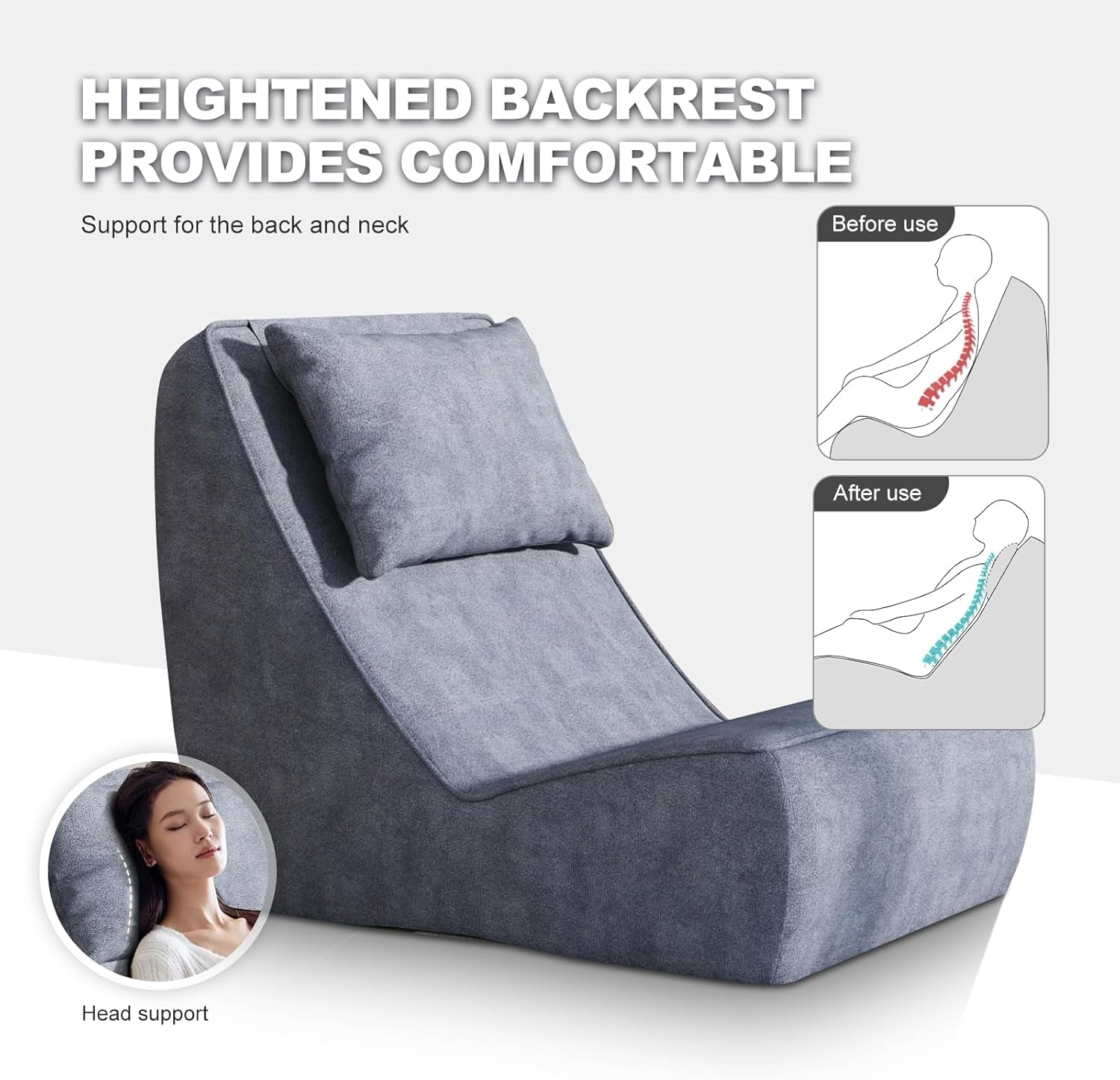 Angled product view highlighting the heightened backrest and head support graphics