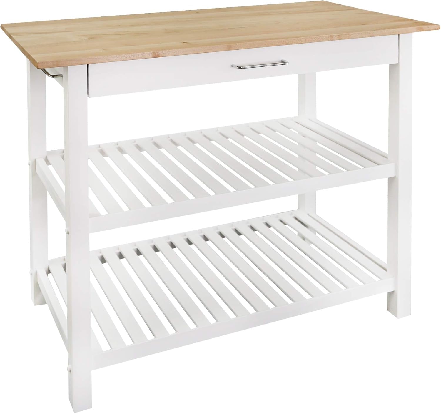 Front three-quarter view of a white kitchen island with a natural wood top and two slatted lower shelves.