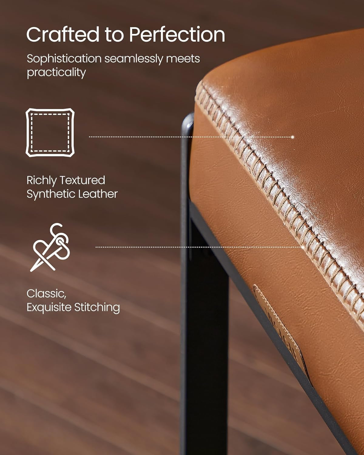 Close-up of caramel synthetic leather cushion showing textured surface and decorative stitched edge