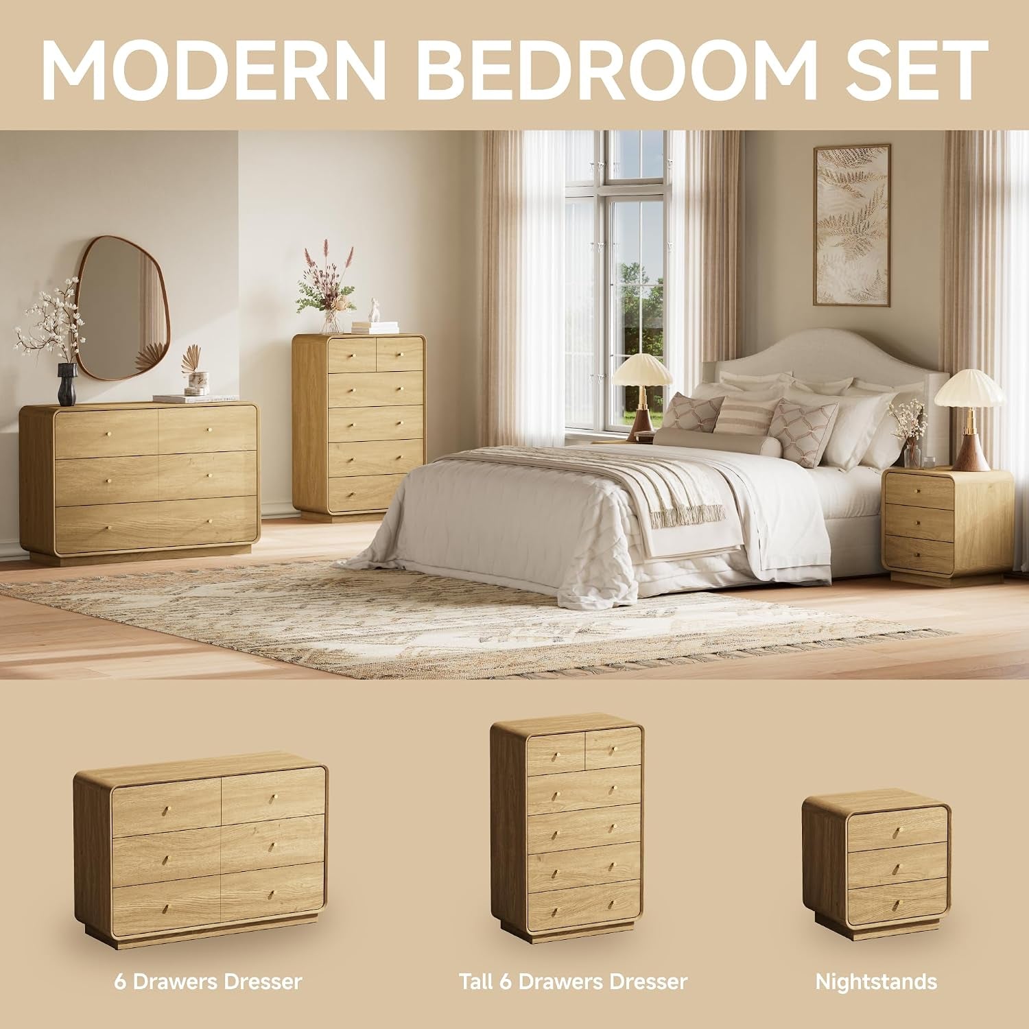 Bedroom scene with oak dresser, tall chest, and matching nightstand beside a bed