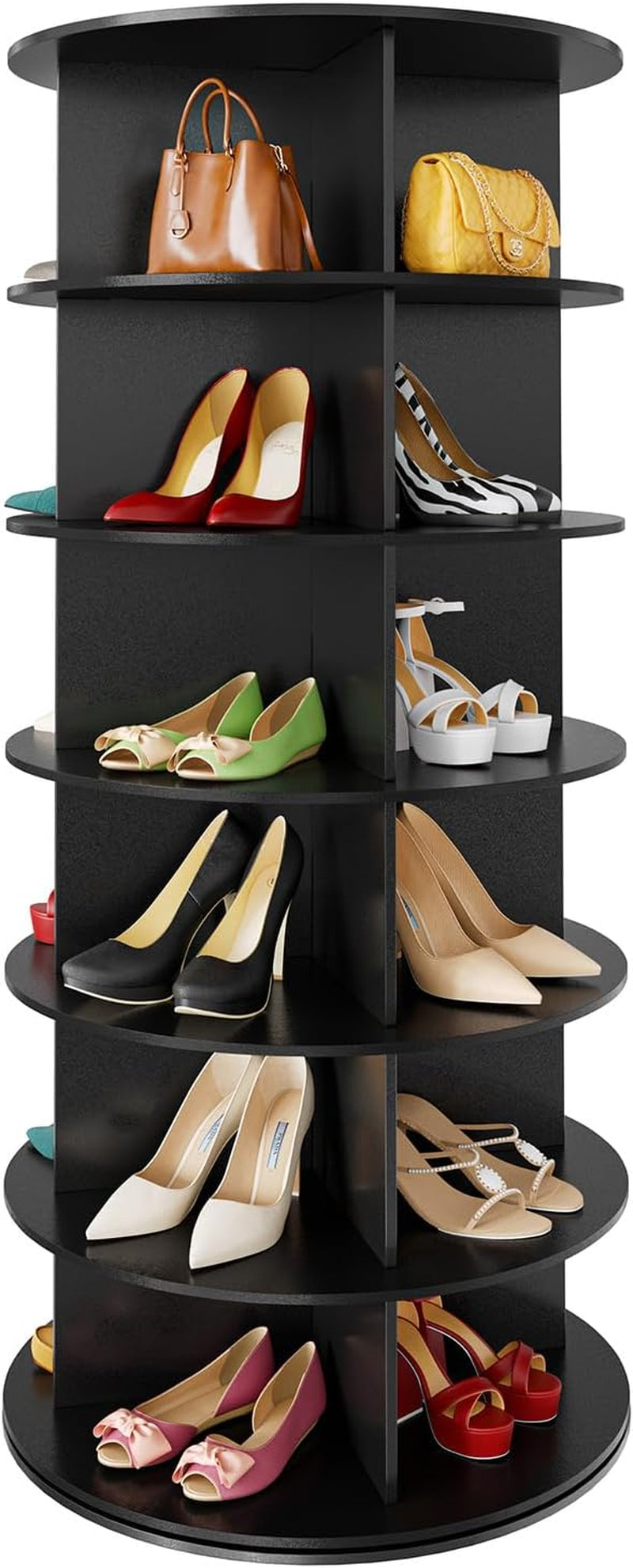 Tall black 7-tier rotating shoe rack filled with shoes and handbags, straight-on view