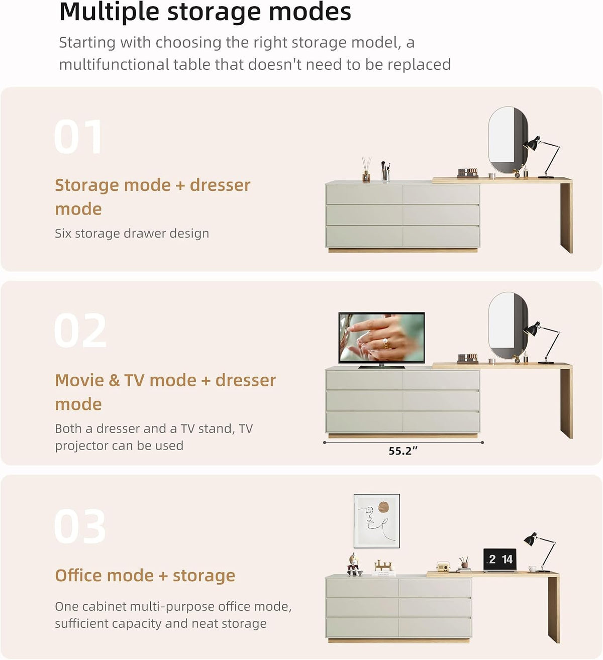 Graphic showing three storage/usage modes for a low six-drawer cabinet paired with an L-shaped desk