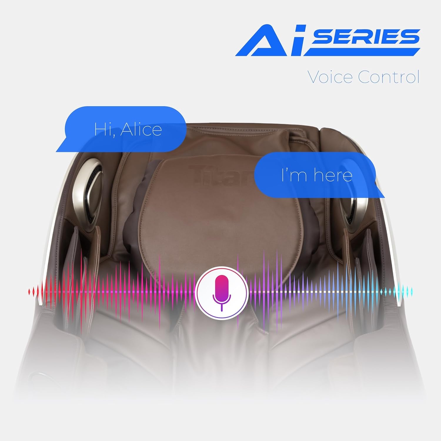 Top-down view of the chair headrest area showing voice-control speech bubbles and built-in speaker openings