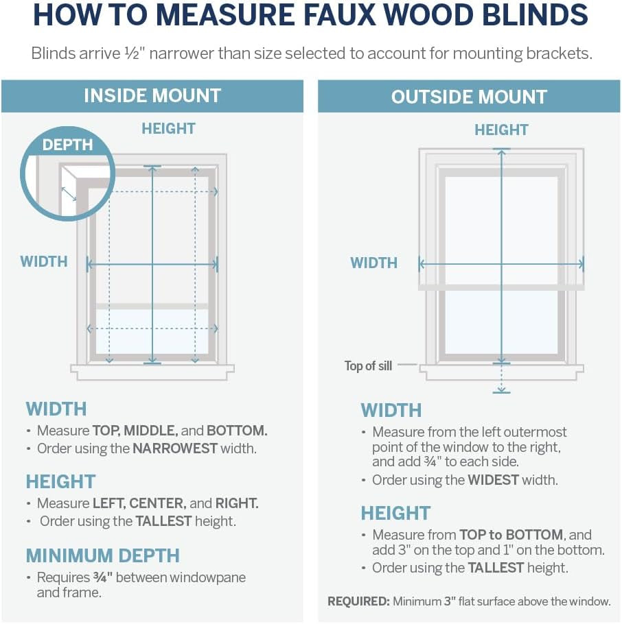 Illustration showing inside-mount and outside-mount measurement instructions for window blinds.