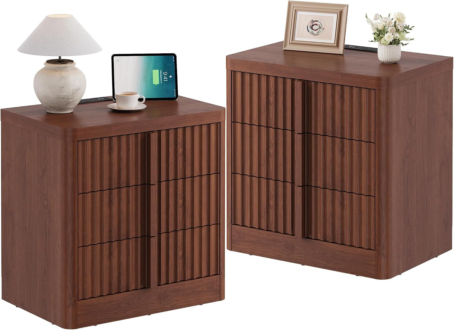 Two fluted nightstands in warm walnut finish shown side-by-side with lamp, tablet, and decor on top.