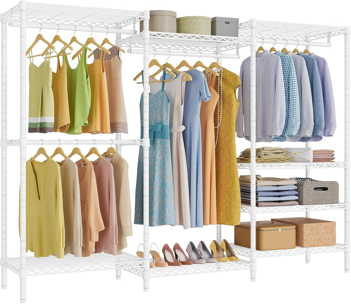White three-section wardrobe organizer with garments on hangers and folded items on wire shelves.