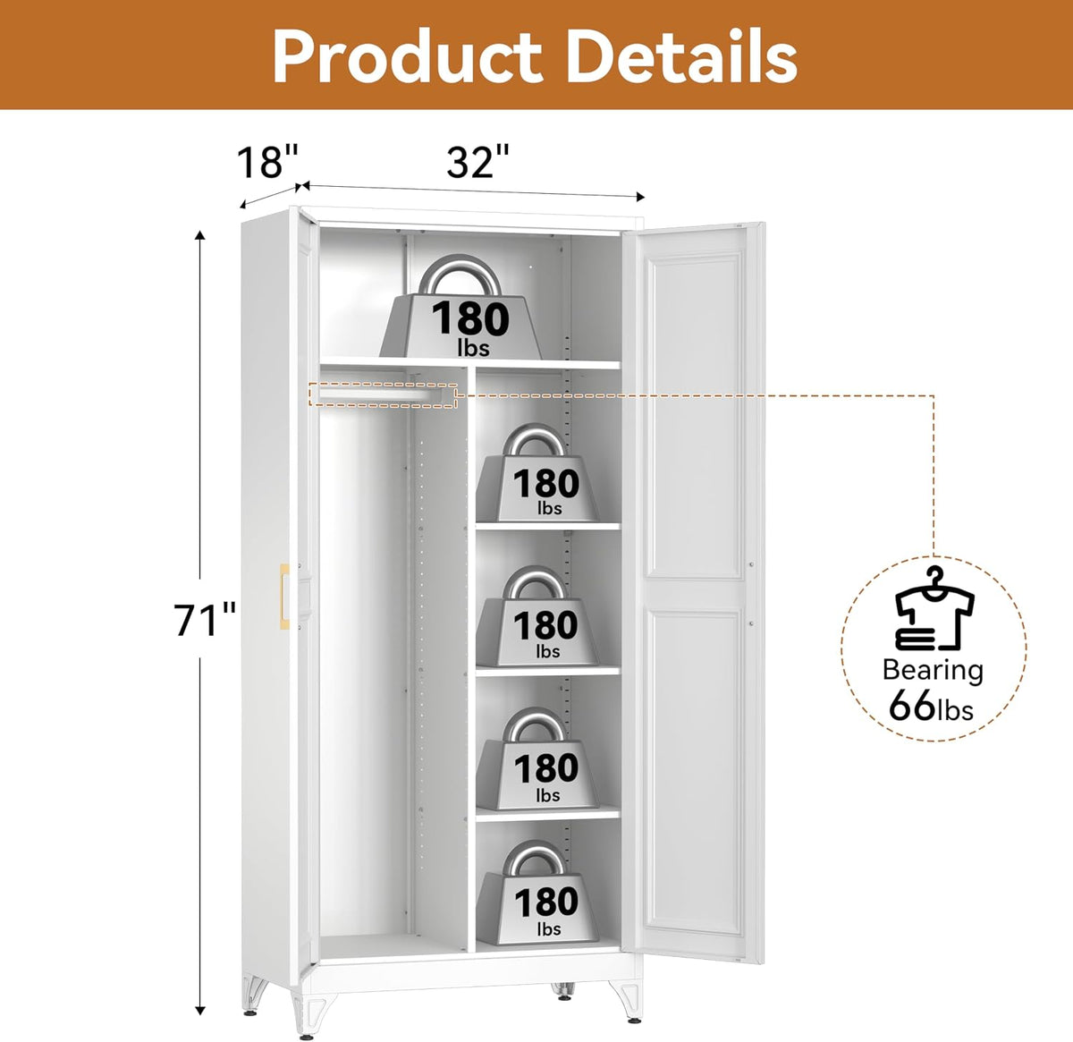 Wardrobe diagram showing internal shelves and annotated height and depth measurements
