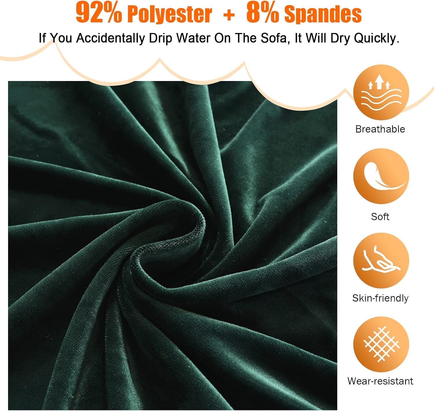 Close-up of dark green velvet fabric texture with 92% polyester and 8% spandex composition callout