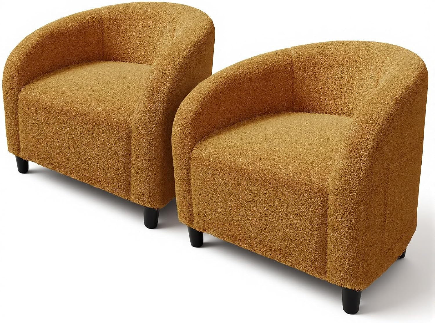 Pair of low, rounded beige boucle barrel chairs with short black legs, shown side-by-side.