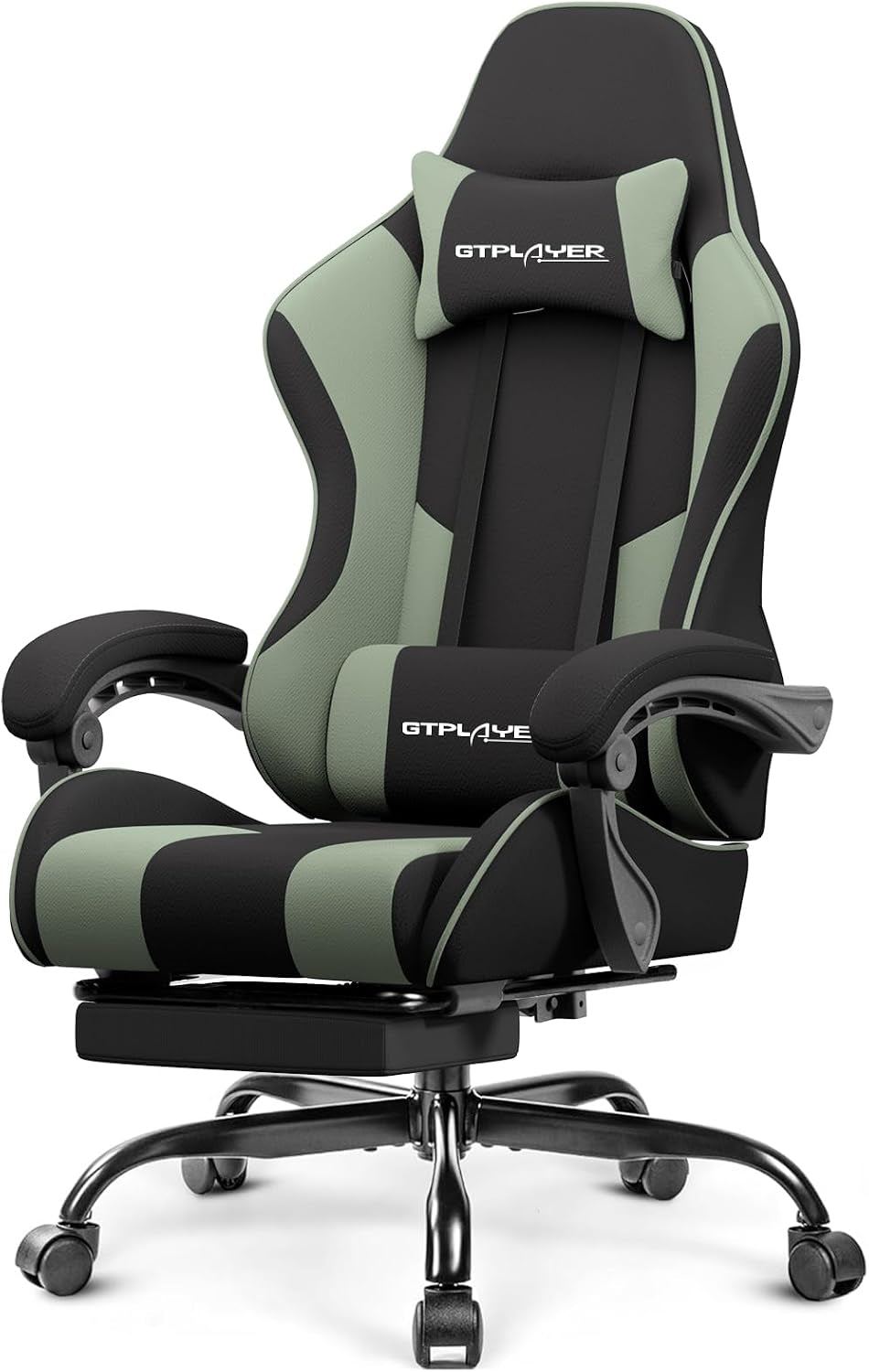 Sage green and black high-back gaming chair angled to show contoured seat, armrests and caster base.