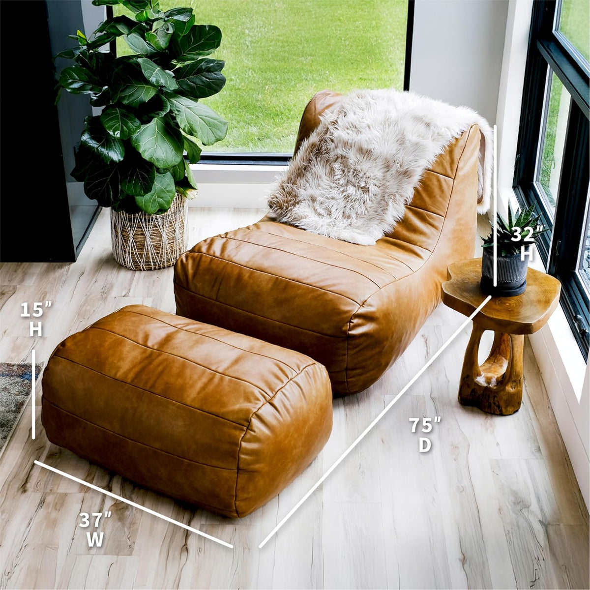 Caramel tan lounge chair and ottoman shown with dimension overlays in a corner beside windows