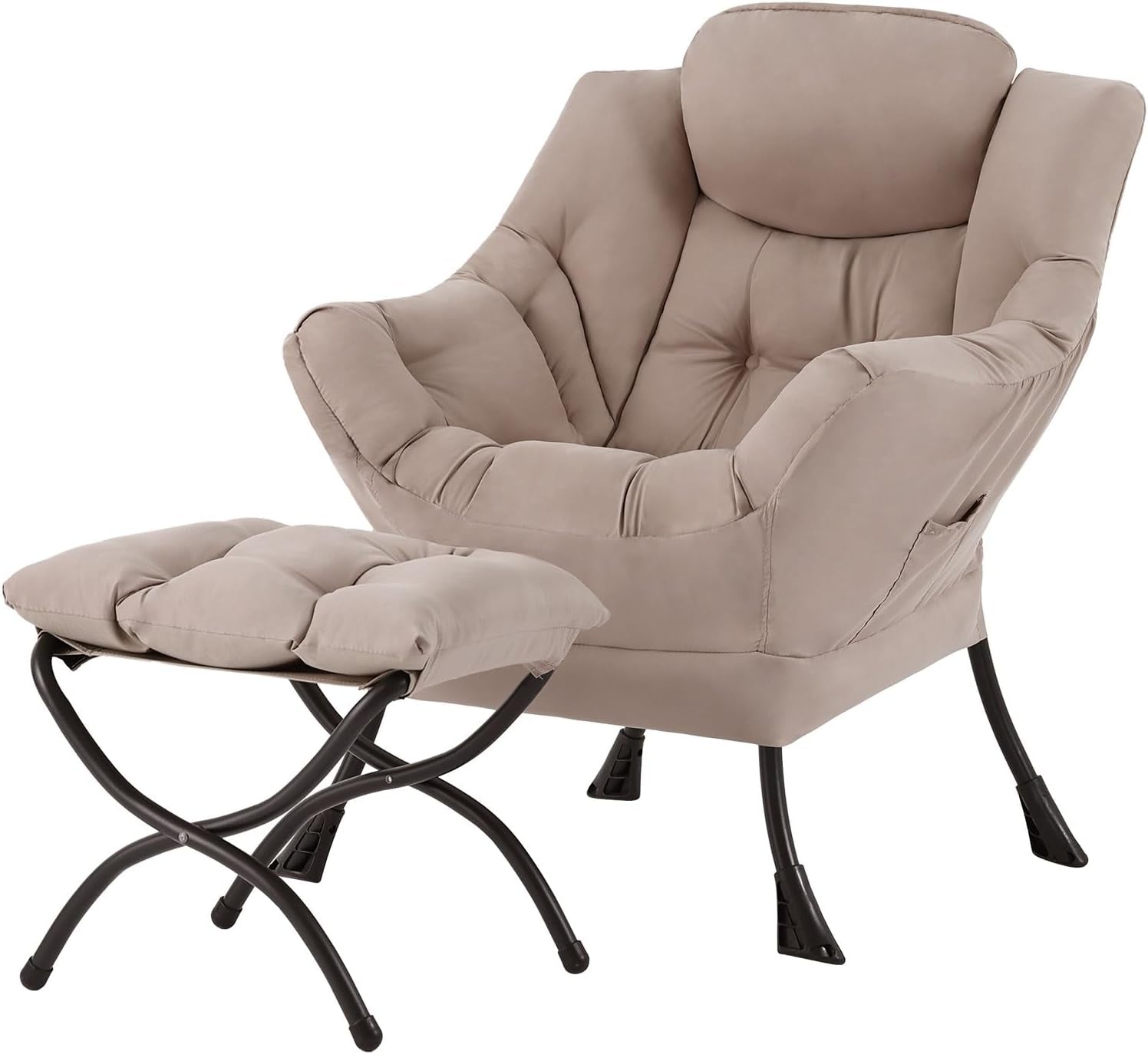 Taupe upholstered lounge chair with a cushioned ottoman, deep seat and black curved metal legs.