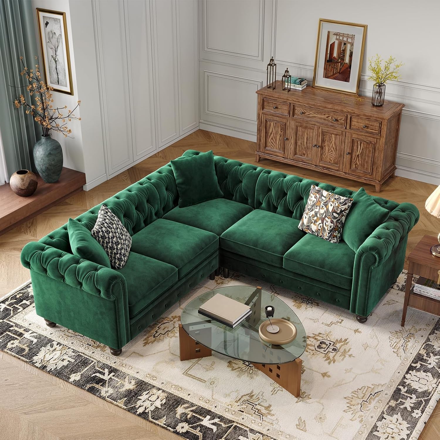 Overhead corner view of the L-shaped Chesterfield sectional on a rug showing full seating layout