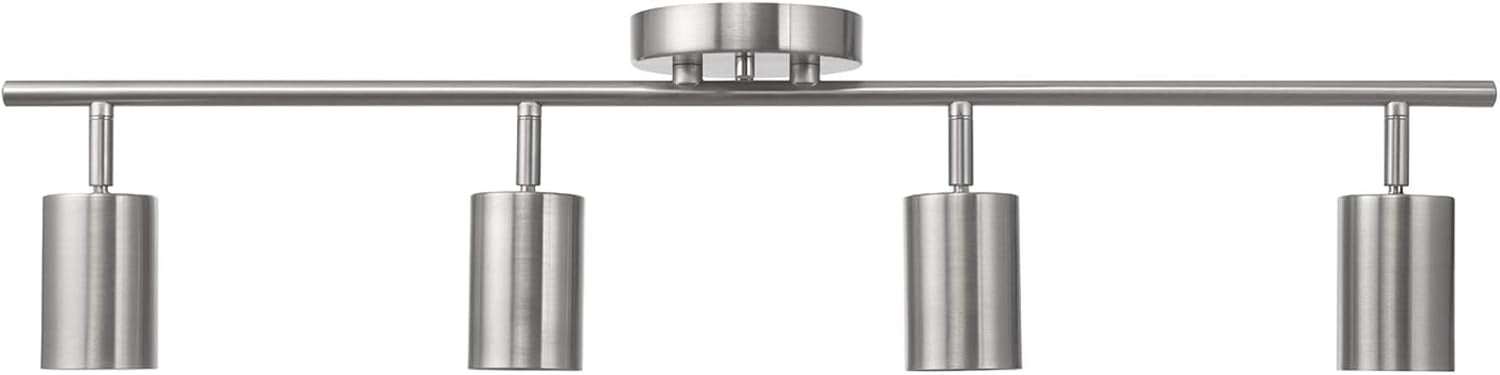 Front view of a four-light track in brushed silver with four cylindrical shades on a straight bar and round canopy