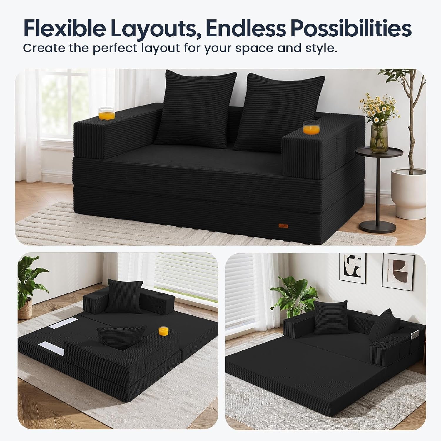 Futon Sofa Bed, Convertible Sofa Bed, Folding Boneless Couches | Low-Profile Boneless Couch for Living Room, 11.8" H Low Seat Small 59" Foldable Floor Sleeper Mattress Lounge Space‑Saving