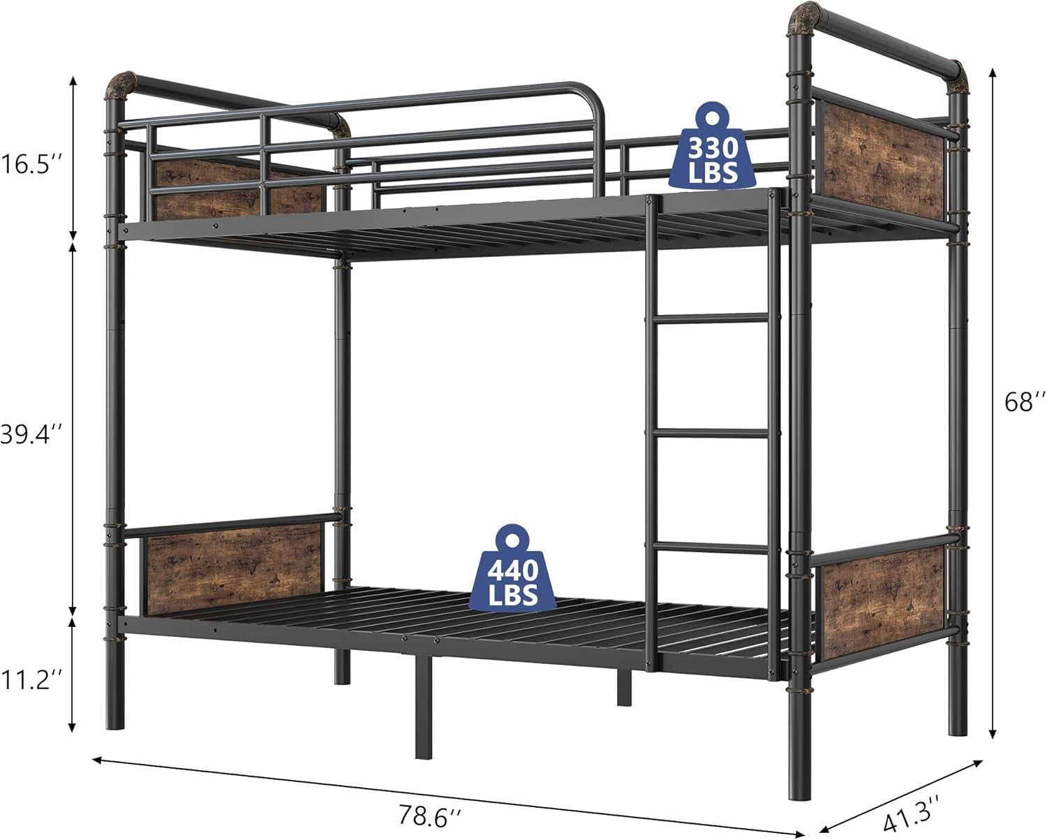 Front view line drawing of the bunk bed showing measurements and weight icons