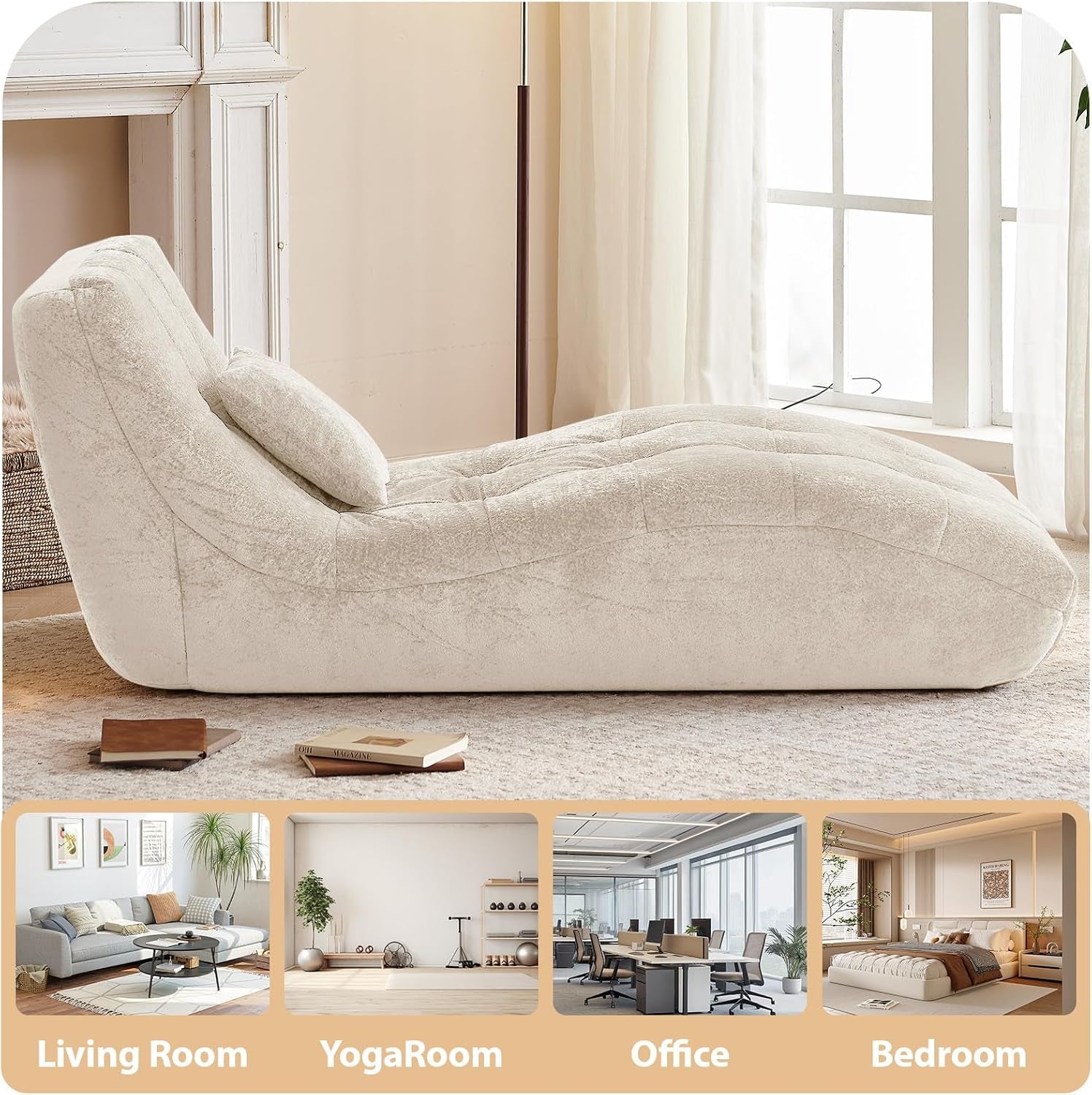 Low side profile of the beige chaise by a window, books on the floor in front.