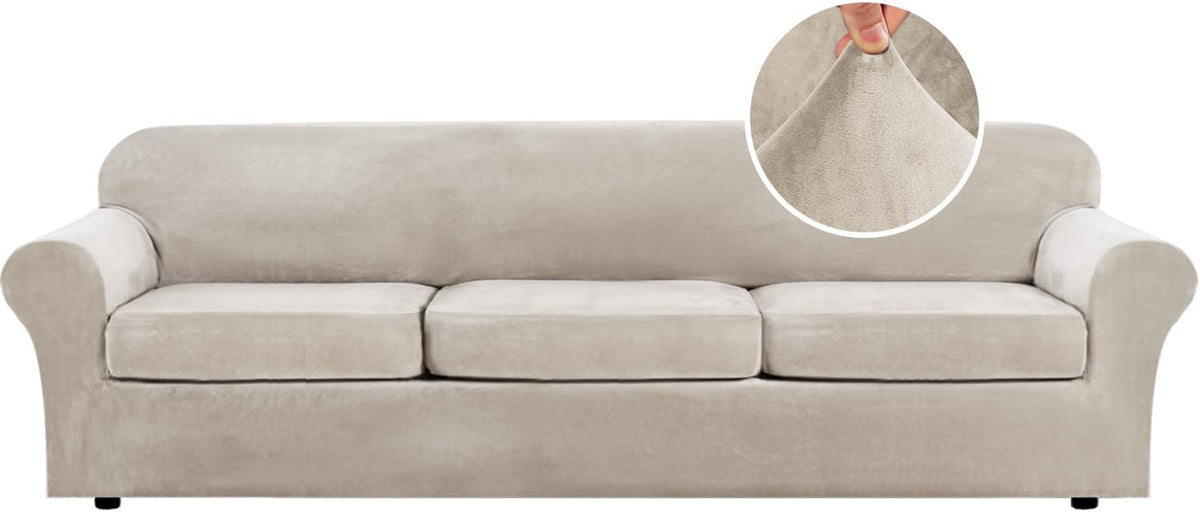 Front view of a three-seat sofa covered in a light beige stretch velvet slipcover with a round inset showing fabric texture.