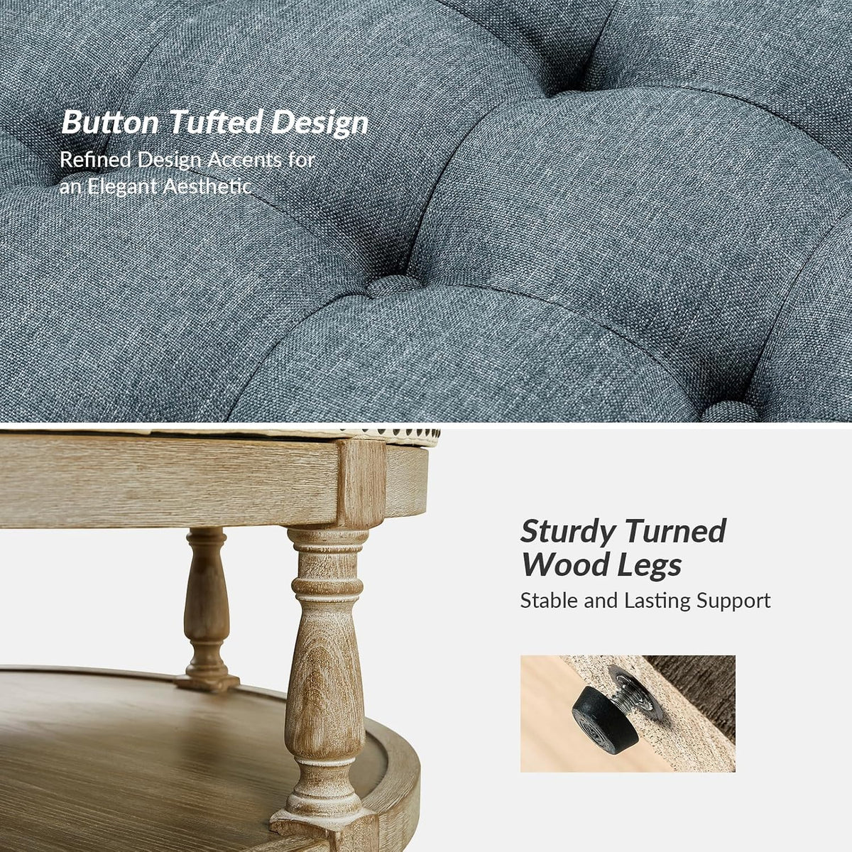 Detail of button-tufted linen-blend fabric and a turned wooden leg with the round wood shelf visible beneath