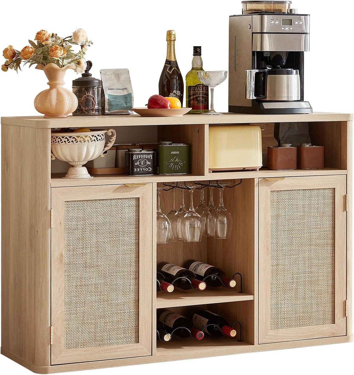 Slightly closer front view of the light wood cabinet showing wine racks and hanging glasses.