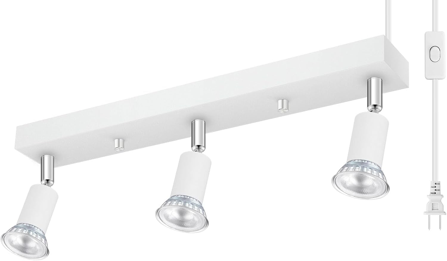 Close angled view of a white rectangular track with three adjustable white spotlight heads and visible plug