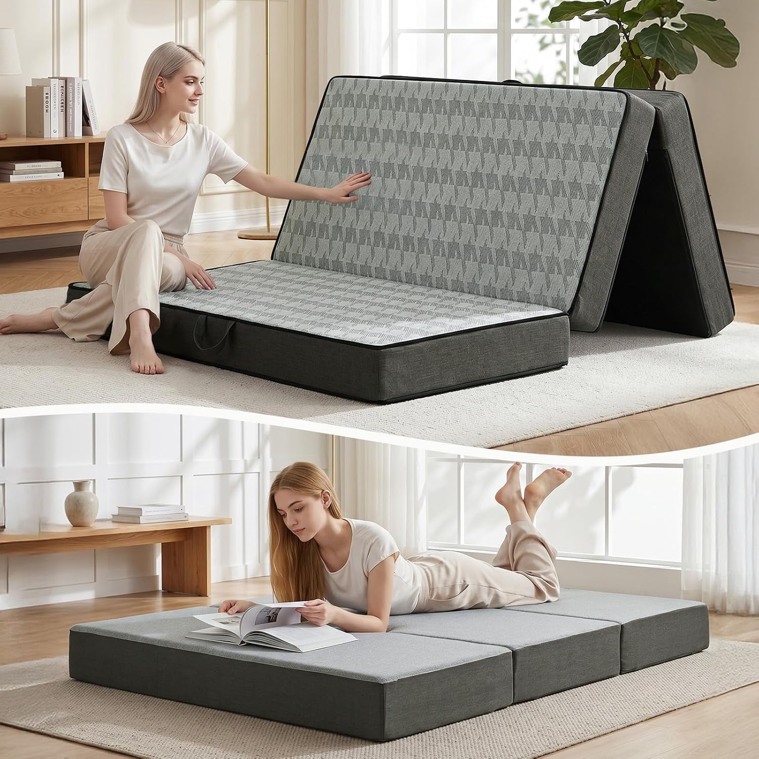 Two stacked lifestyle scenes: woman sits beside a partially folded grey tri-fold mattress and later lies reading on it flat