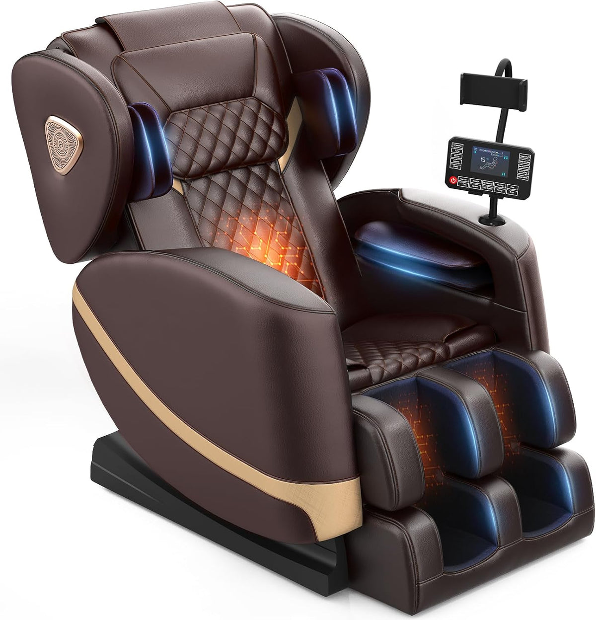 Brown full‑size massage chair from front-right showing quilted back, foot compartments and attached controller.