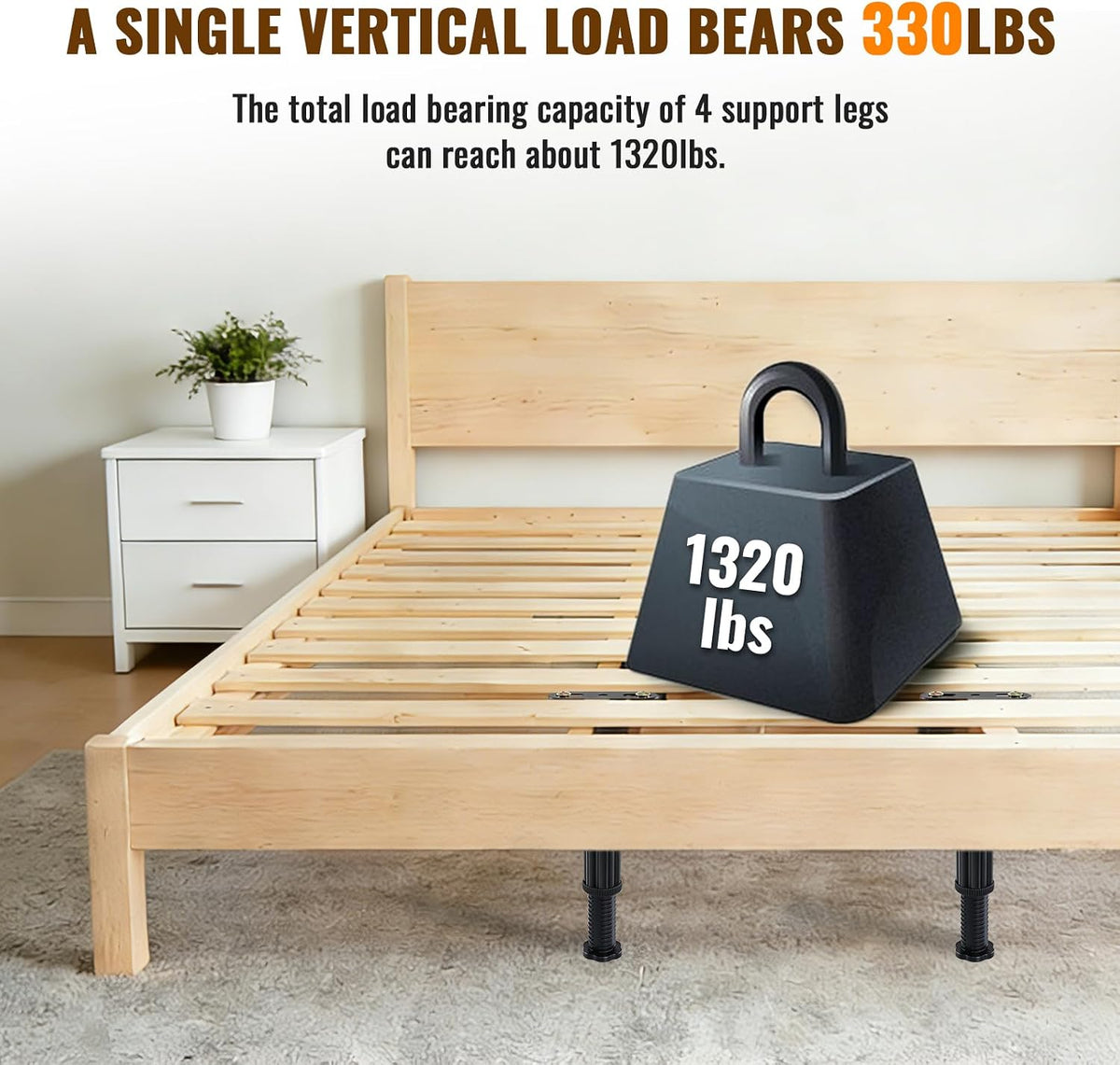 Light wood bed frame with two support legs visible and a heavy weight graphic on the slats illustrating load capacity.