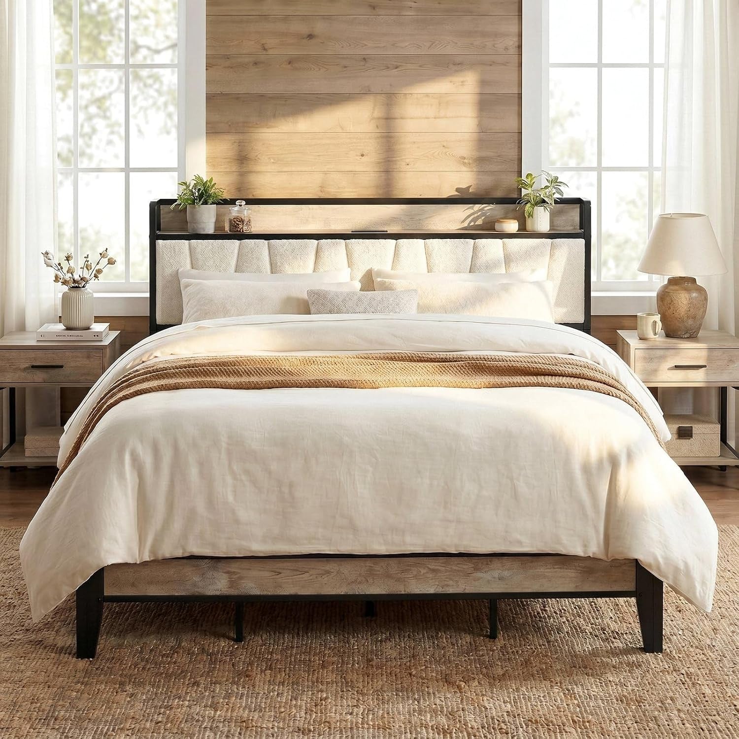 Bright bedroom front view of a padded cream headboard with a light wood shelf and matching nightstands.