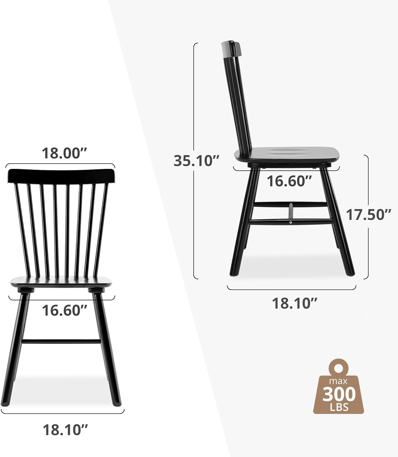 Graphic showing front and side chair views with measured dimensions and a 300 lb capacity icon.