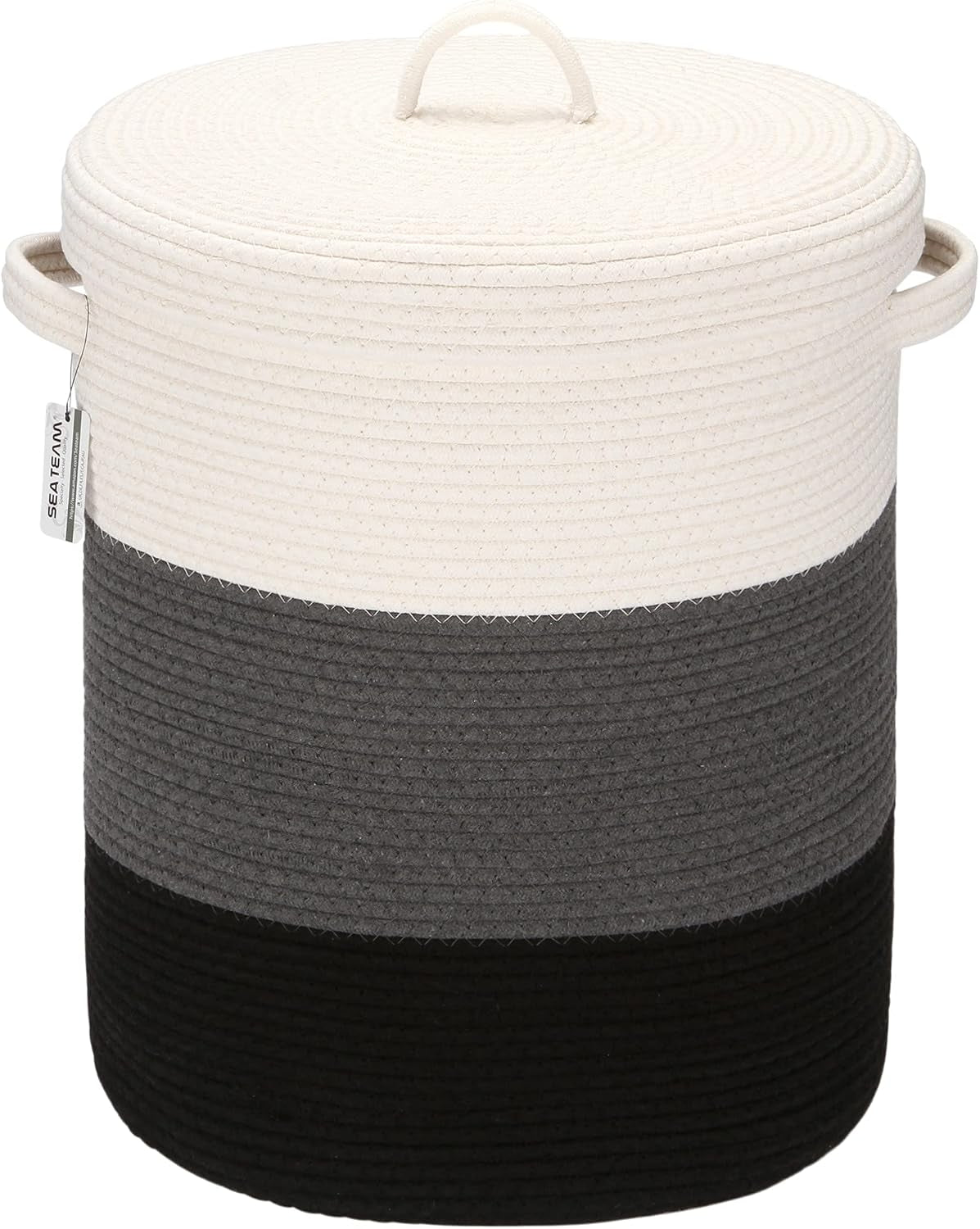 Front view of a tri‑tone rope laundry basket in white, dark gray, and black with lid on