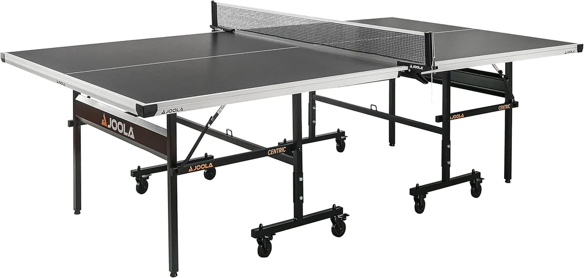 Full black-gray tabletop with silver perimeter rails and clamp net on a black frame with casters