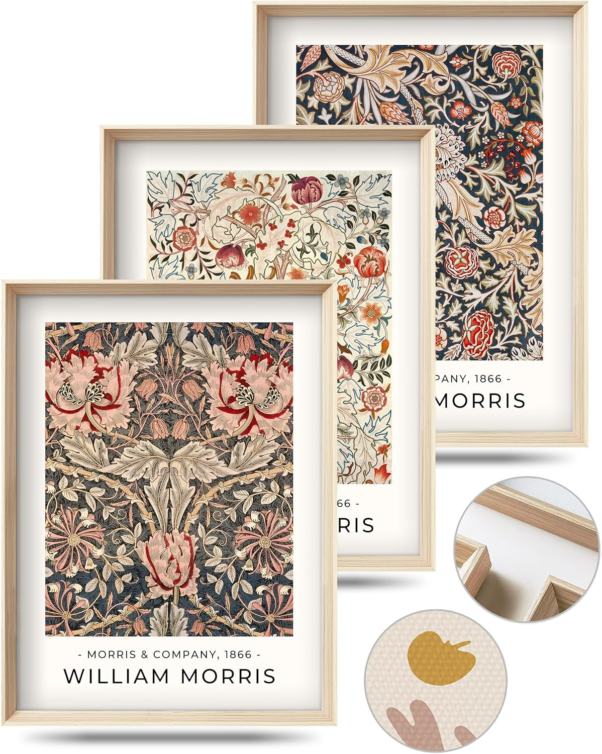 Three framed vintage floral tapestry prints in warm reds and blues, arranged overlapping with closeup circles showing frame