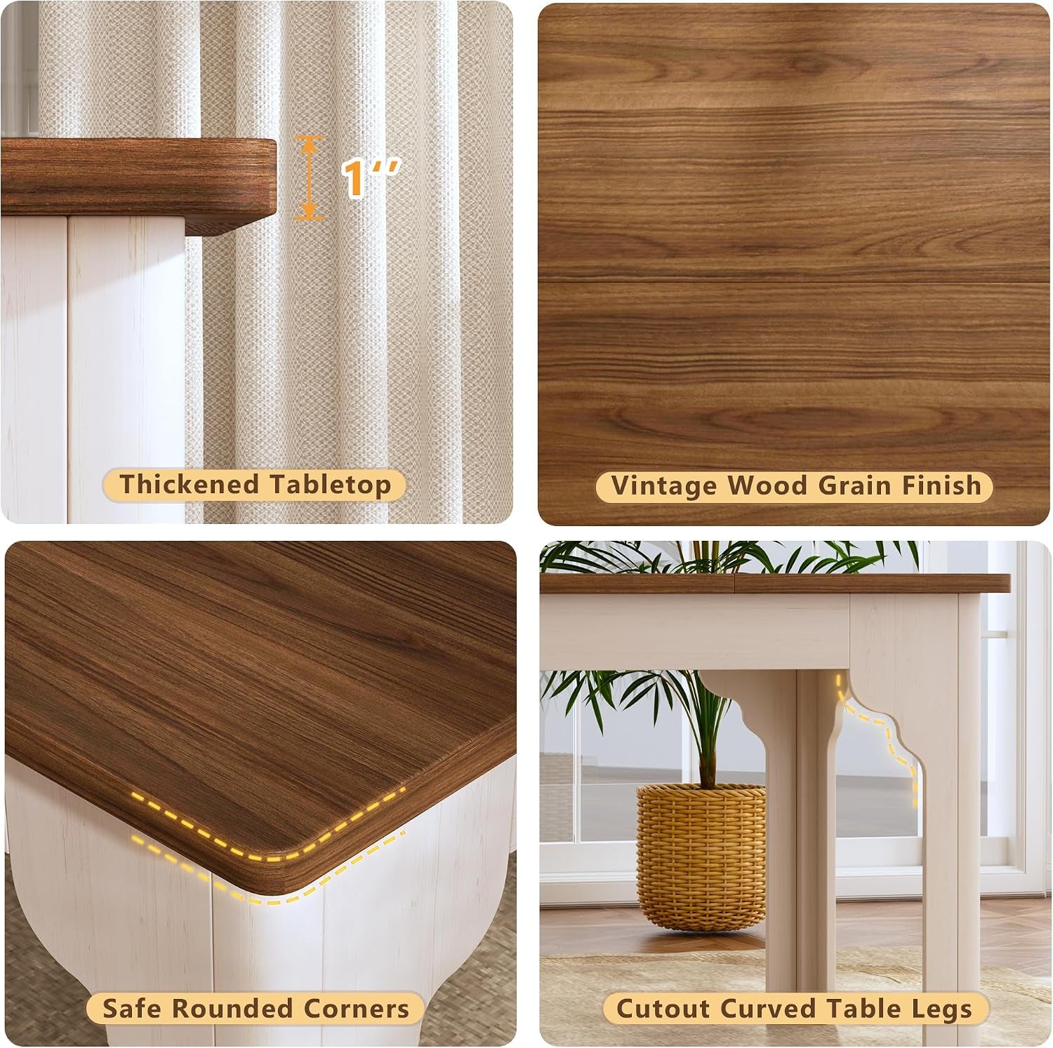 Collage close-ups of the thickened MDF tabletop, vintage wood-grain finish, rounded corners and cutout curved legs.