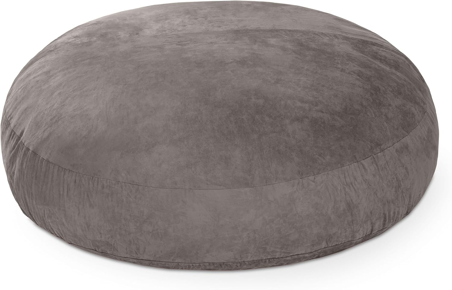 Studio view of a large low round gray bean bag on a white background.
