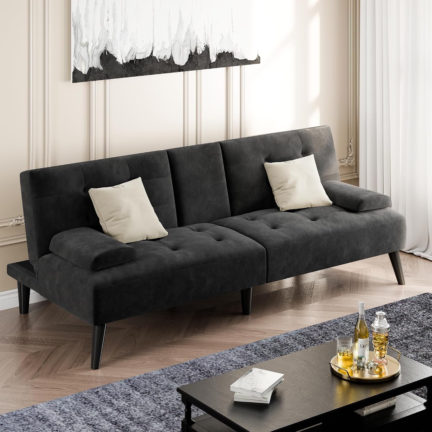 64" Futon Sofa Bed, Velvet Foldable Couch, Reclining Sleeper with Removable Armrests, Upholstered Loveseat Sofa Couch with Folding Cup Holders for Home, Office, Black