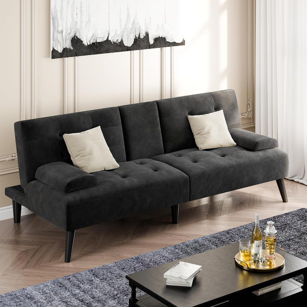 64" Futon Sofa Bed, Velvet Foldable Couch, Reclining Sleeper with Removable Armrests, Upholstered Loveseat Sofa Couch with Folding Cup Holders for Home, Office, Black