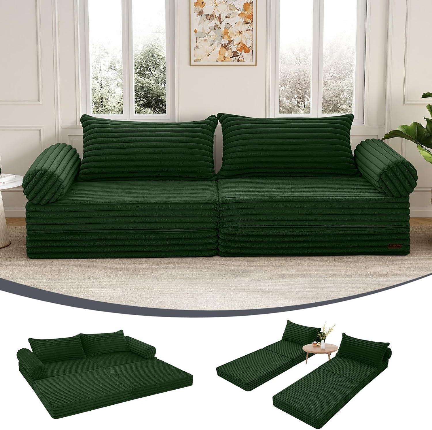 Front view of green corduroy loveseat sofa bed with two wide pillows and two arm bolsters.