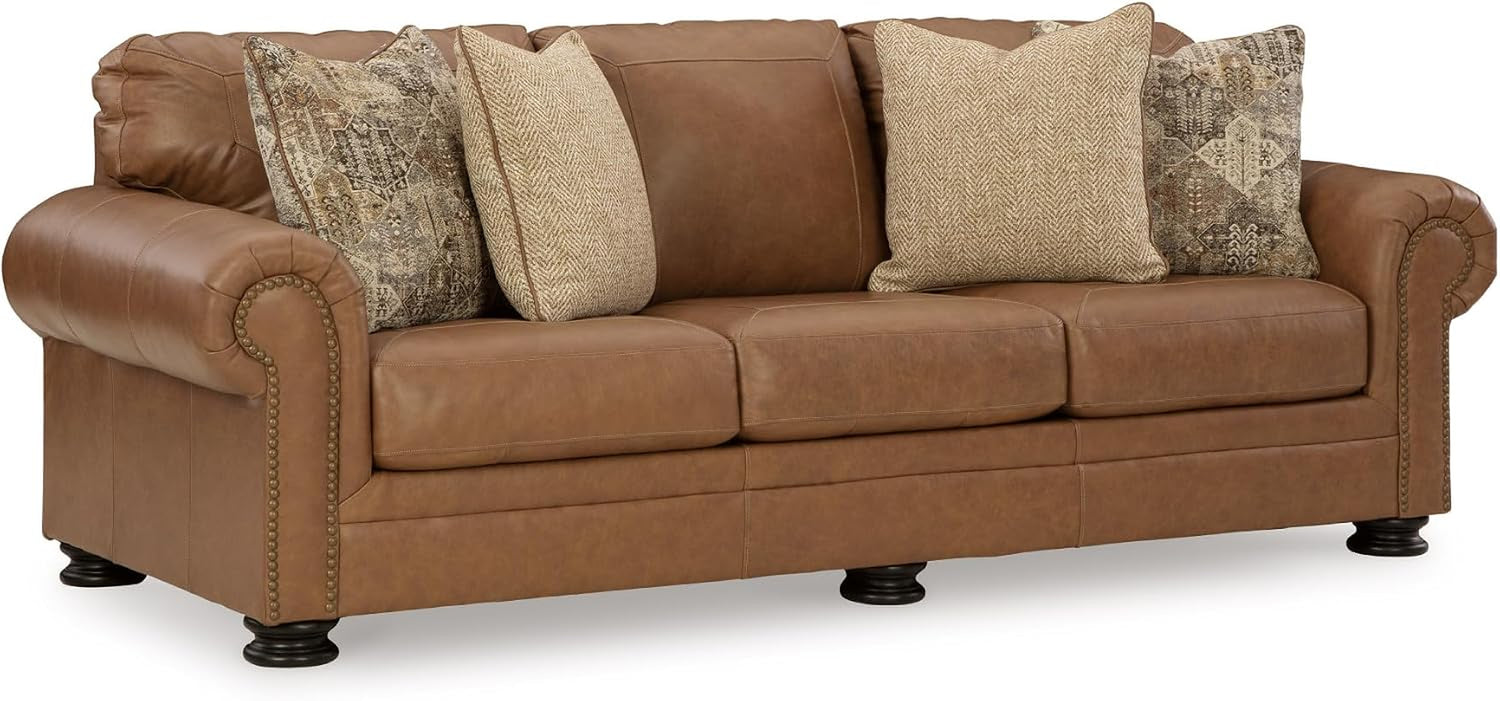 Signature Design by Ashley Carianna Leather Sofa for Living Room, Caramel | Top-Grain Leather Touchpoints, Sag-Resistant Platform Foundation, Classic Rolled Arms with Nailhead Trim