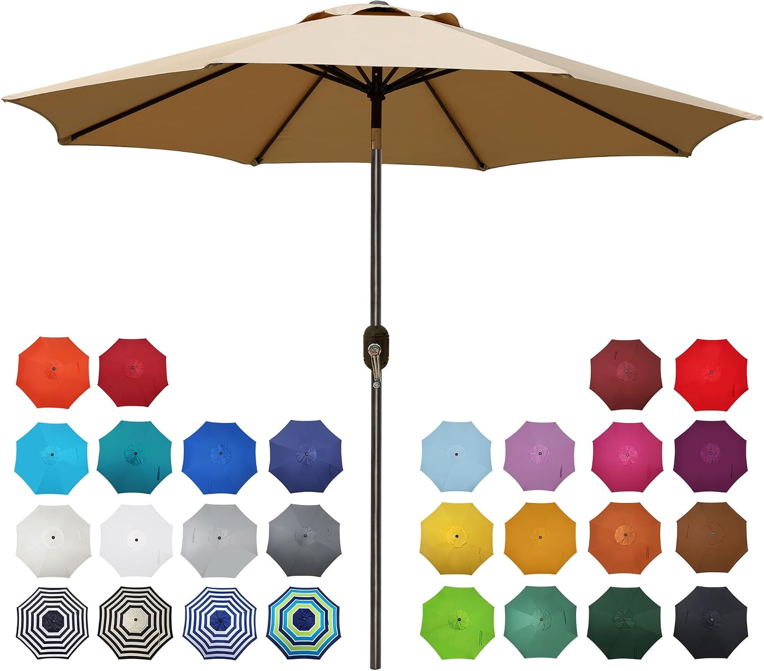 Beige patio umbrella above a grid showing many small color sample umbrellas