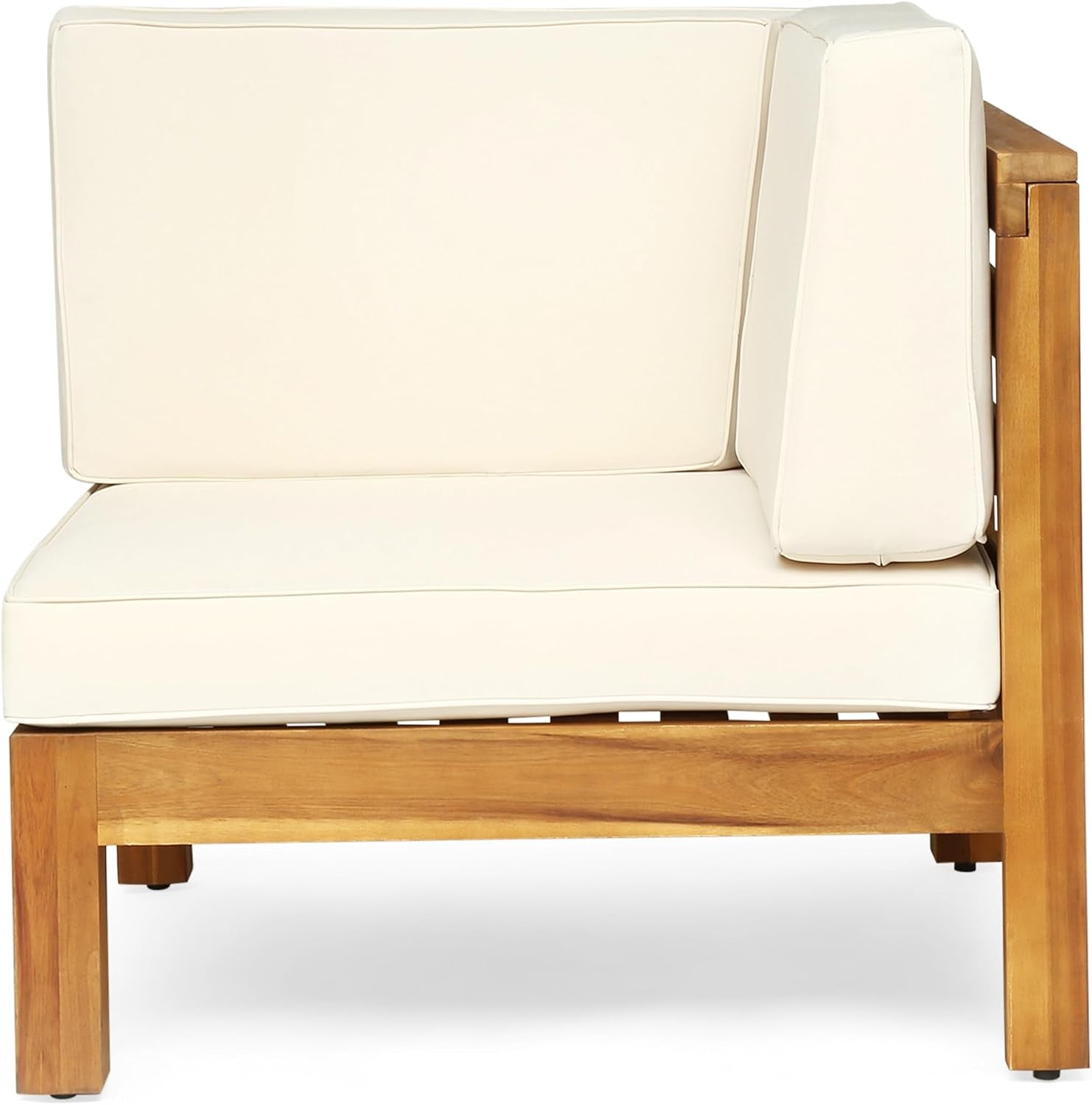 Side view of a right-arm chair module showing slatted acacia frame in teak finish with beige seat and back cushions