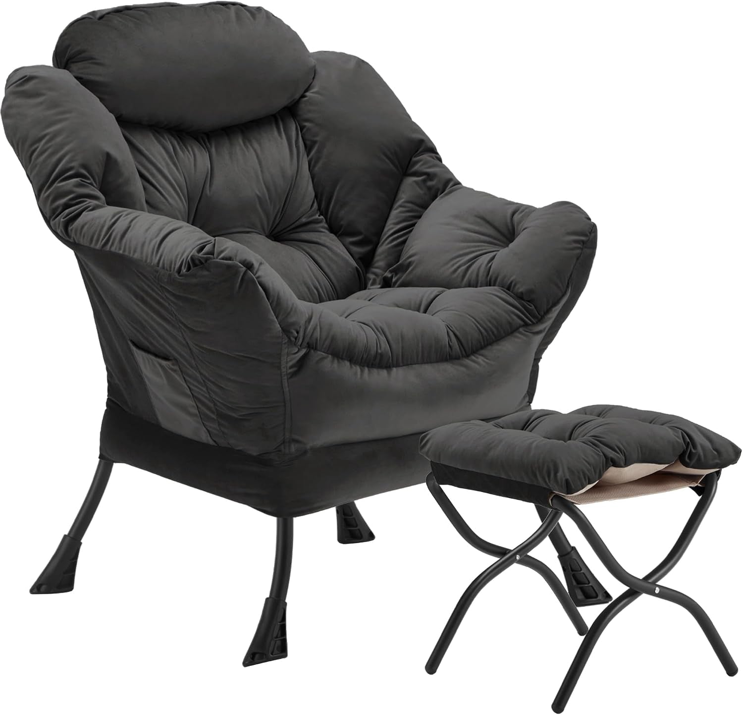Charcoal gray plush lounge chair with padded armrests and a coordinating foldable ottoman