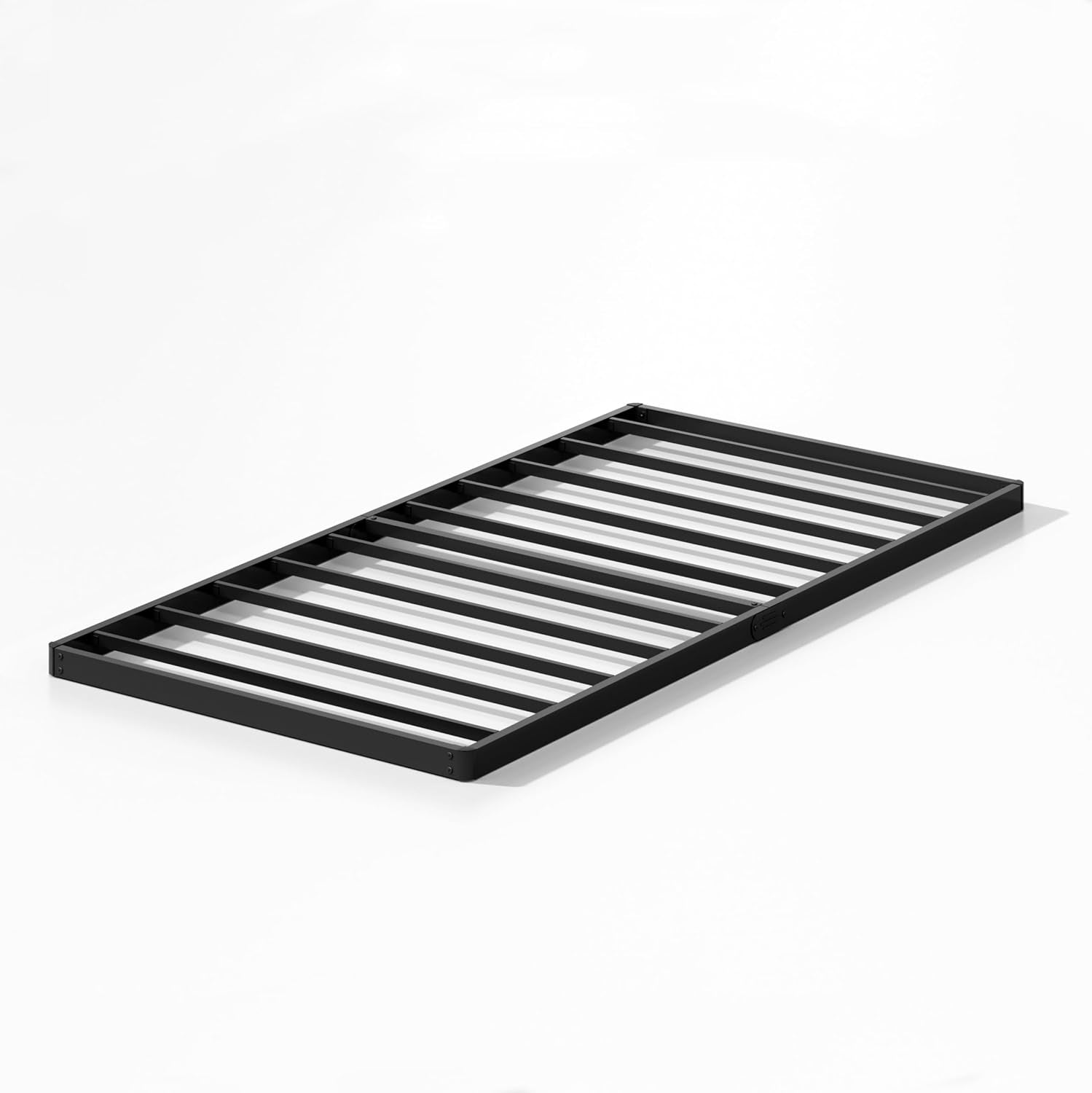 Low-angle studio view of a single black bunkie board panel tilted to reveal corner joints and latch area.