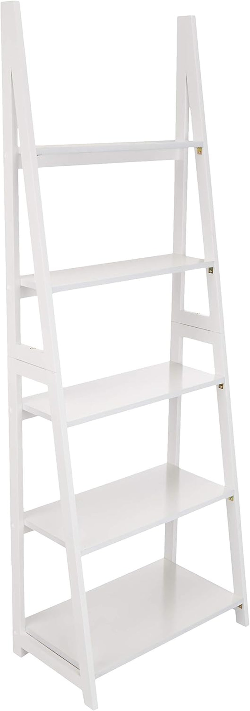 White 5-tier ladder bookshelf full-height front view on plain white background