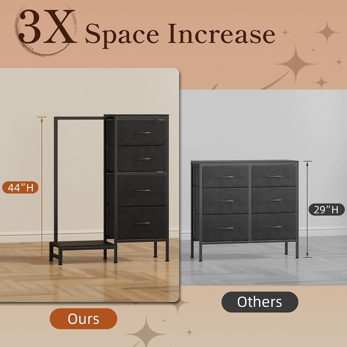 Size comparison graphic with a black dresser and rack beside a low chest